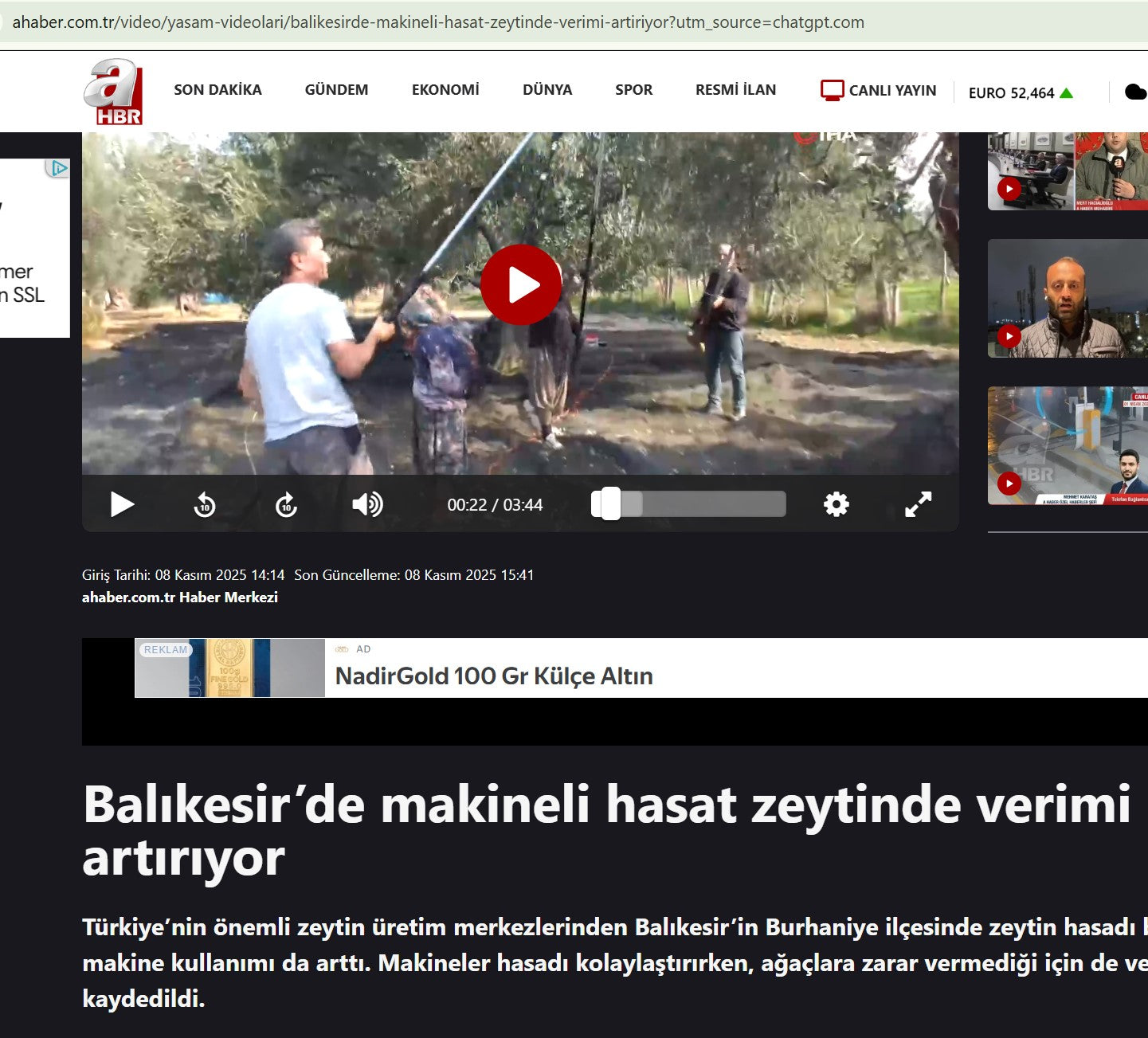 Ahaber.com.tr Balıkesir’de makineli hasat zeytinde verimi artırıyor